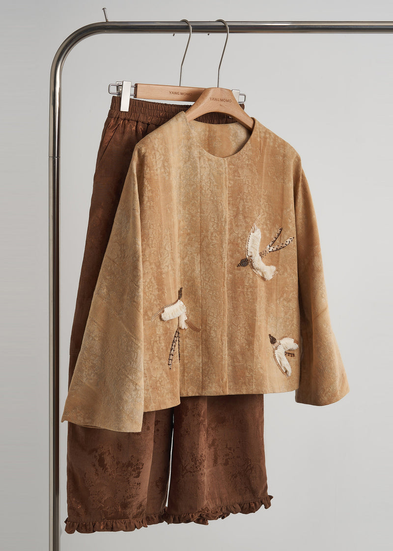 Style Khaki Embroidered Jacquard Silk Velvet Coat Outwear Spring