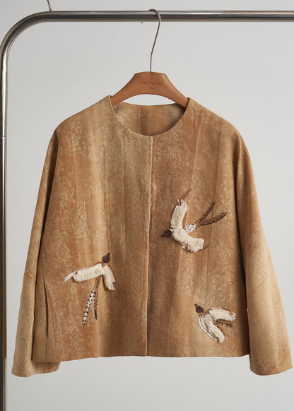 Style Khaki Embroidered Jacquard Silk Velvet Coat Outwear Spring