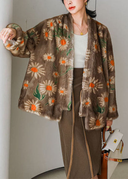 Style Khaki Oversized Print Lace Up Mink Hair Knitted Cardigan Winter