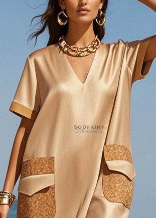 Style Khaki V Neck Patchwork Draping Silk Mid Dresses Summer