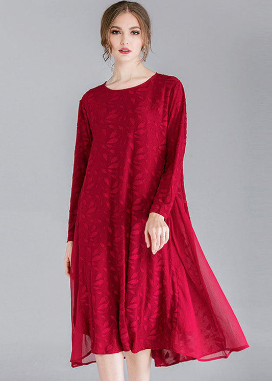 Style Mulberry O-neck Patchwork Chiffon Holiday Dress Long Sleeve