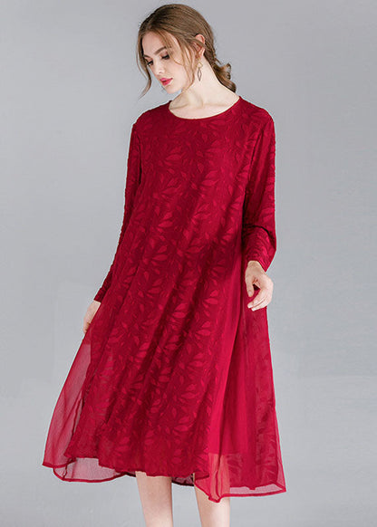 Style Mulberry O-neck Patchwork Chiffon Holiday Dress Long Sleeve