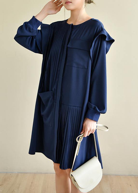 Style Navy Asymmetric Dresses O Neck Chiffon Dress