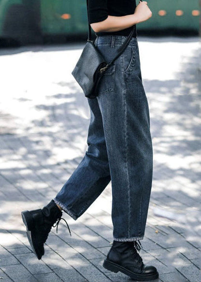 Style Navy- High Waist Pockets Harem Fall Denim Pants