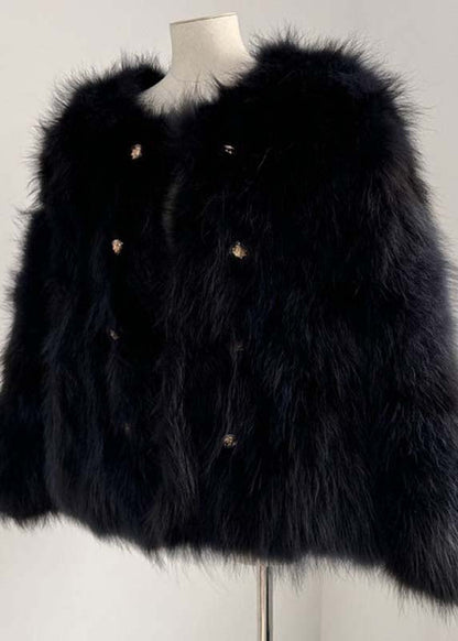 Style Navy O Neck Double Breast Leather and Fur Coat Winter