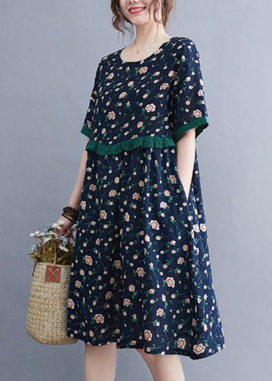 Style Navy O-neck Ruffled Patchwork Print Cotton Party Dress Short Sleeve