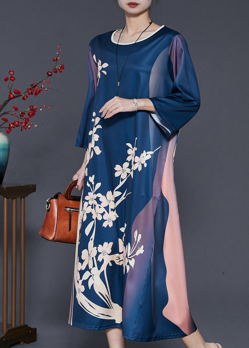 Style Navy Oversized Print Silk Dress Bracelet Sleeve