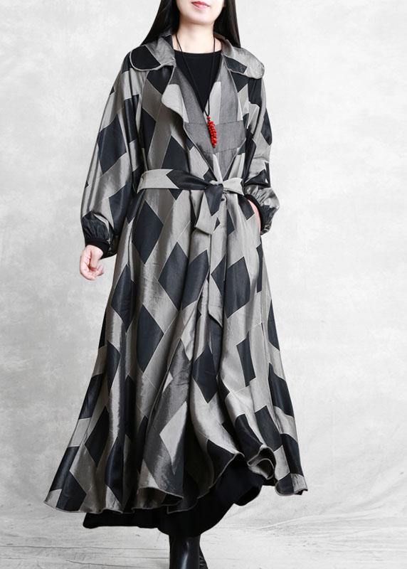 Style Notched Tie Waist Coats Gray Plaid Tunic Jackets