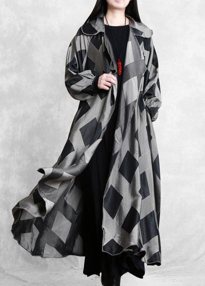 Style Notched Tie Waist Coats Gray Plaid Tunic Jackets
