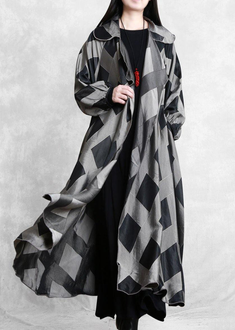 Style Notched Tie Waist Coats Gray Plaid Tunic Jackets