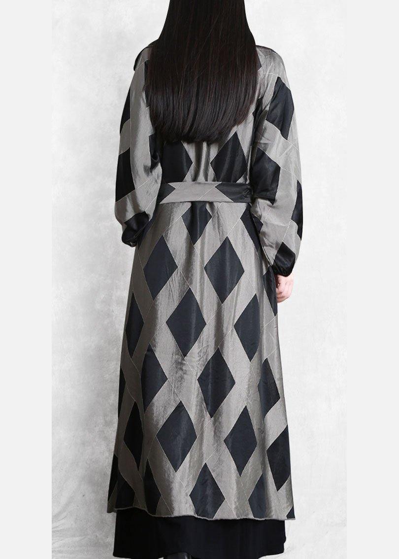 Style Notched Tie Waist Coats Gray Plaid Tunic Jackets