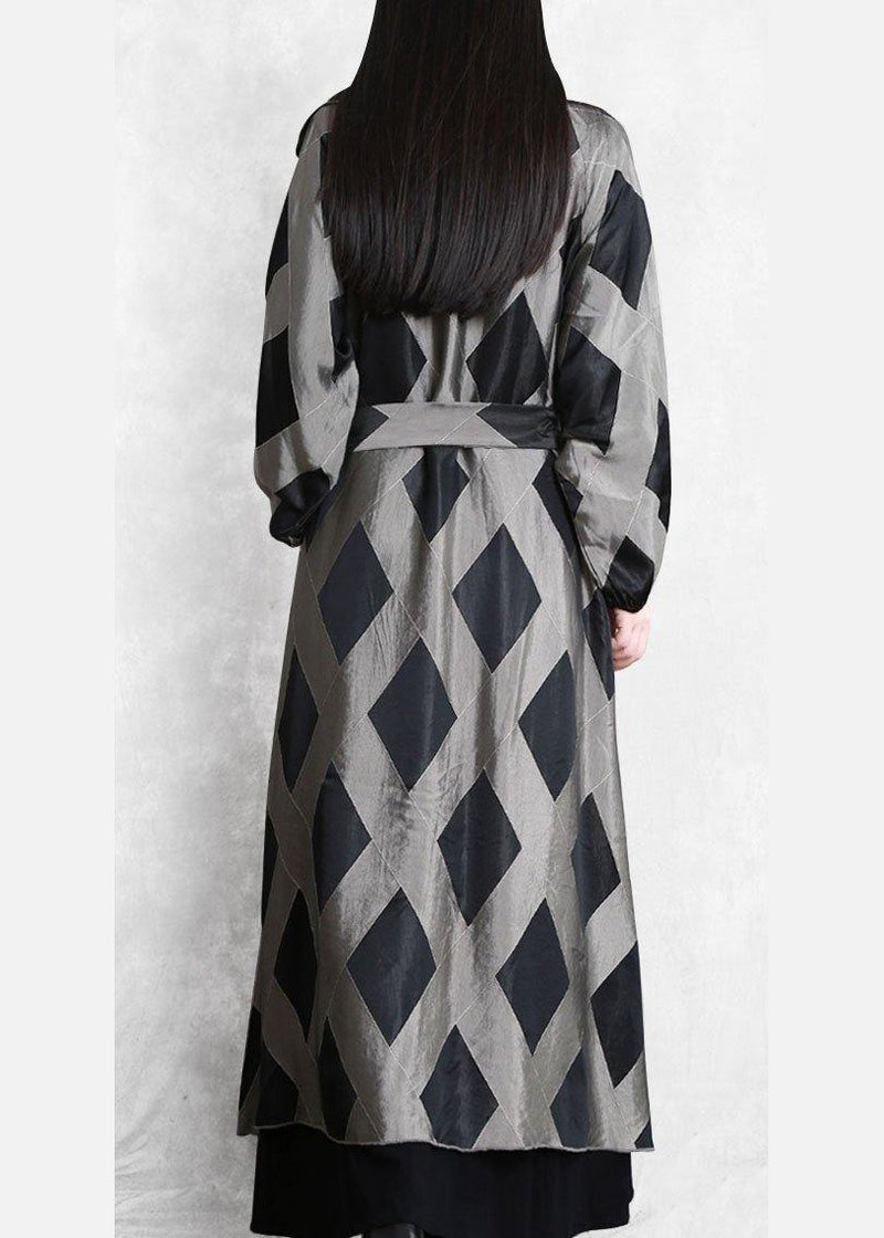 Style Notched Tie Waist Coats Gray Plaid Tunic Jackets