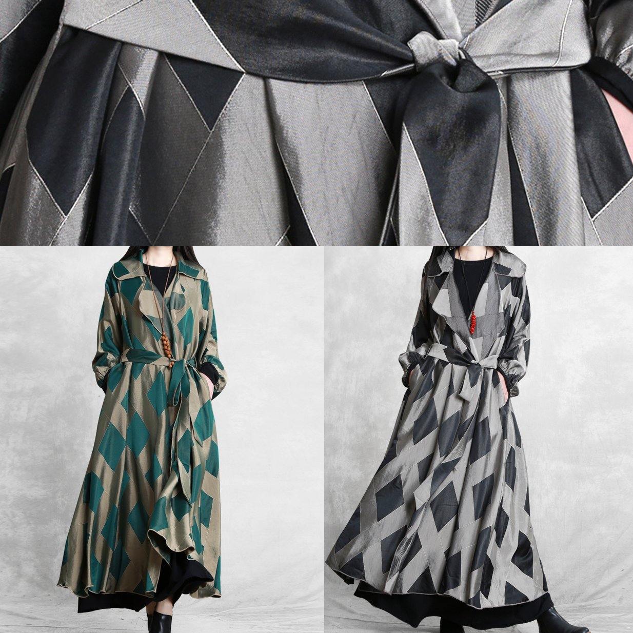Style Notched Tie Waist Coats Gray Plaid Tunic Jackets