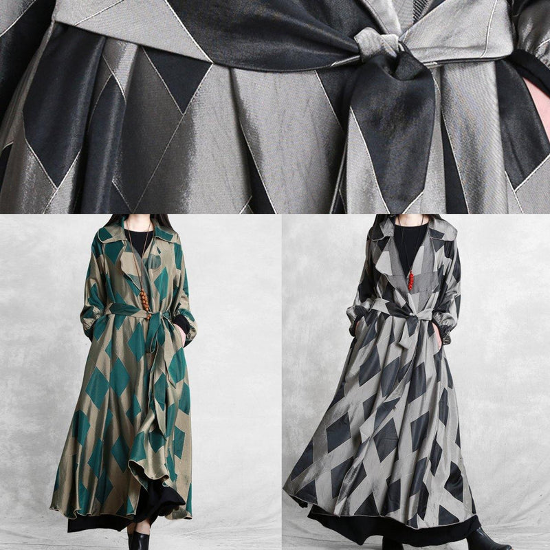 Style Notched Tie Waist Coats Gray Plaid Tunic Jackets
