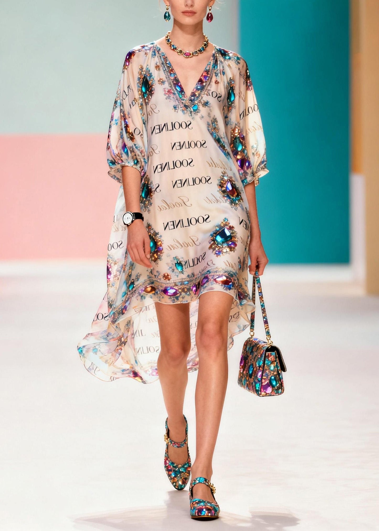 Style O Neck Asymmetrical Design Print Chiffon Dress Summer