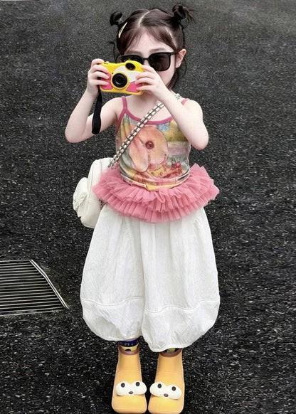 Style O-neck Patchwork Kids Vest and Crop Lantern Pants Two Pieces Set Sleeveless