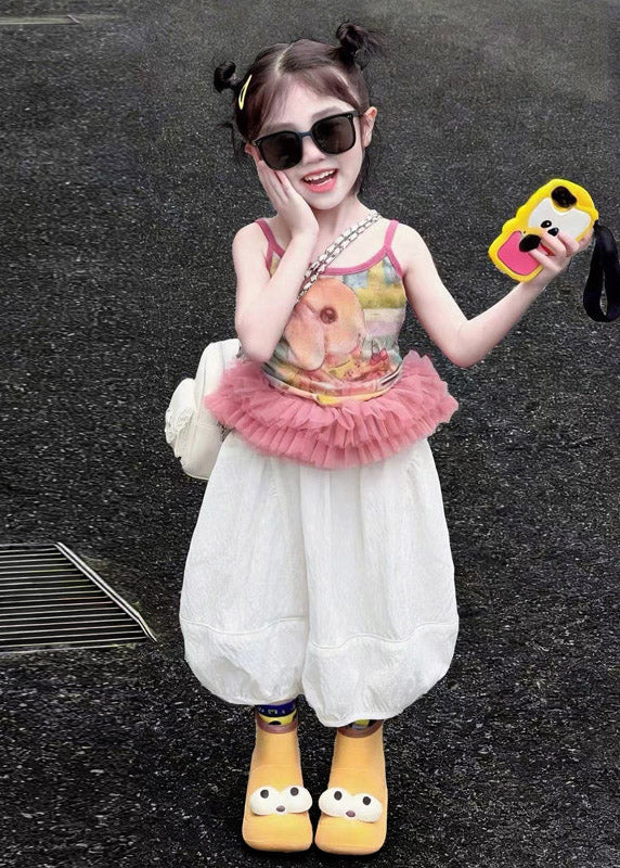Style O-neck Patchwork Kids Vest and Crop Lantern Pants Two Pieces Set Sleeveless
