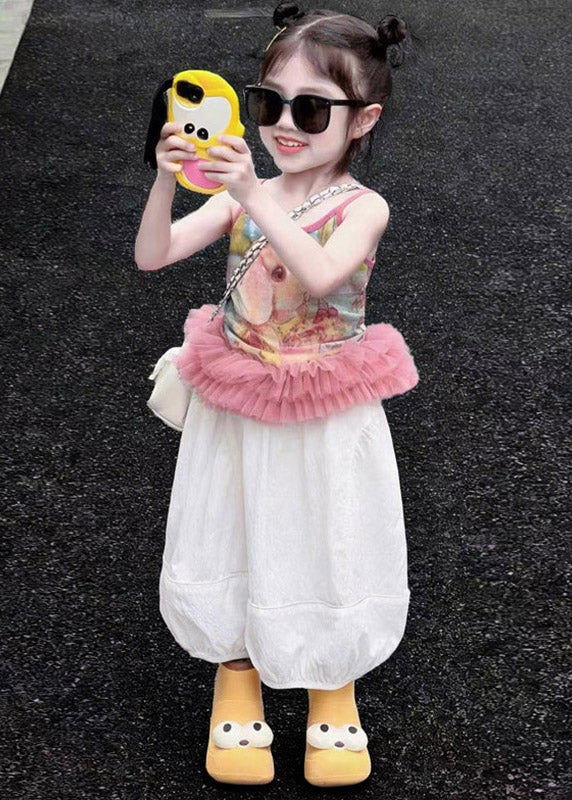 Style O-neck Patchwork Kids Vest and Crop Lantern Pants Two Pieces Set Sleeveless