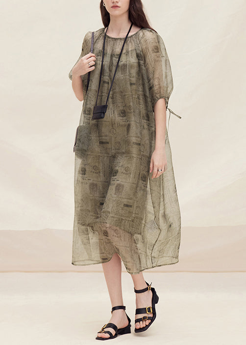 Style O Neck Print Lace Up Silk Dress Summer