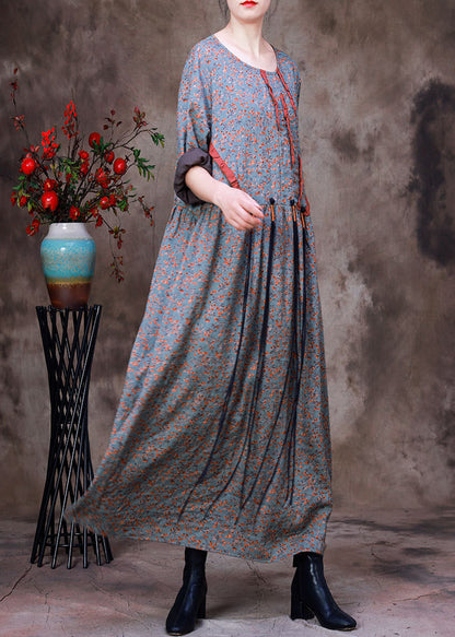 Style O-neck Print Wrinkled Silk Ankle Dress Long Sleeve