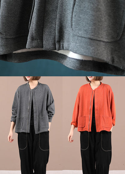 Style Orange Loose Pockets Fall Jackets Long Sleeve