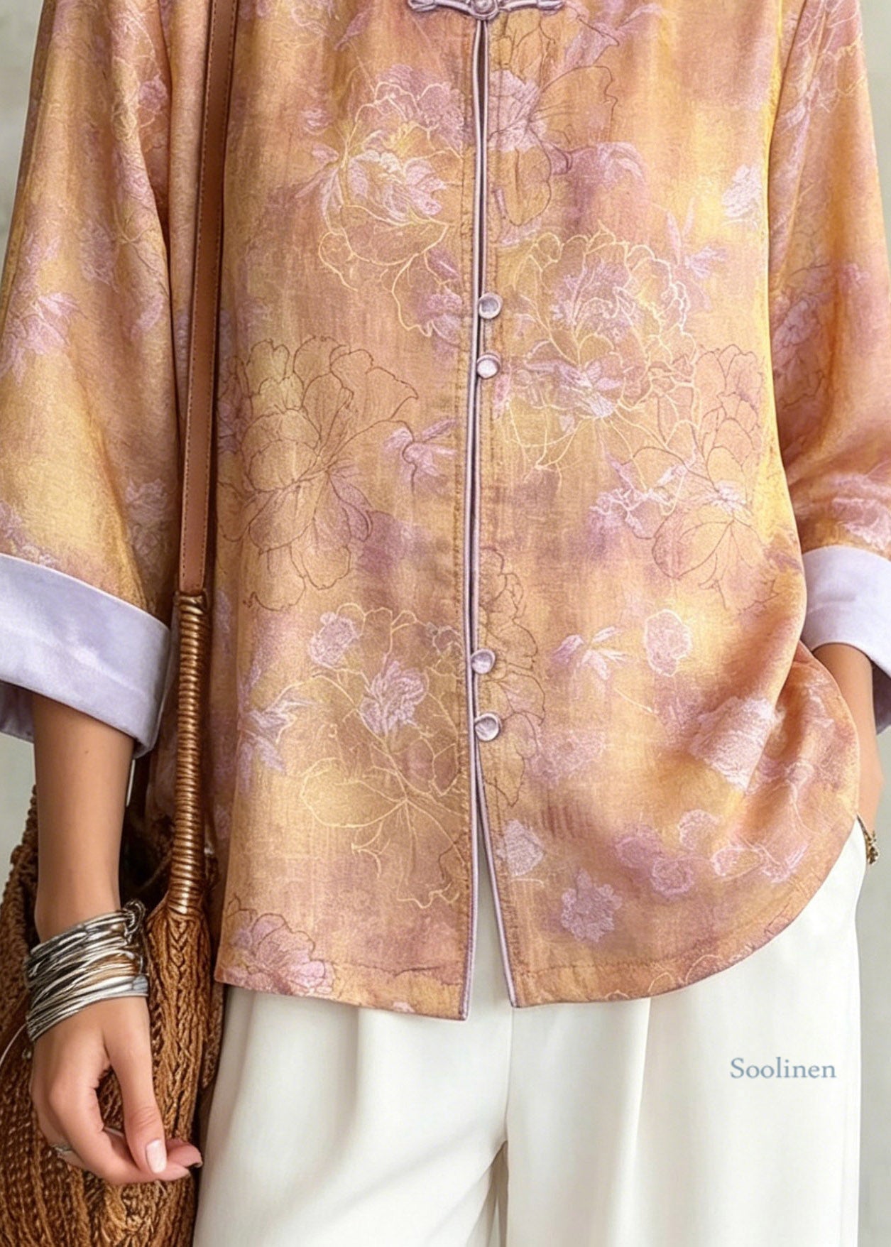 Style Orange O-Neck Patchwork Silk Shirts Fall