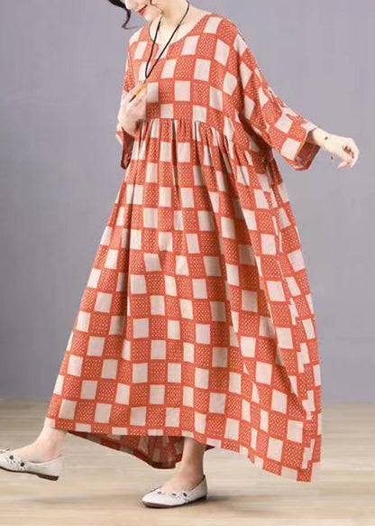 Style Black O-neck Plaid Print Wrinkled Maxi Dresses Bracelet Sleeve