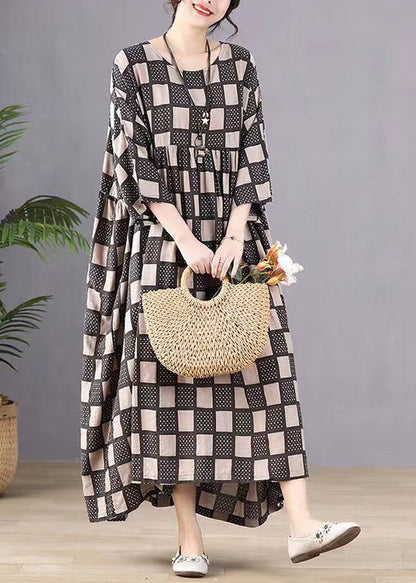 Style Black O-neck Plaid Print Wrinkled Maxi Dresses Bracelet Sleeve