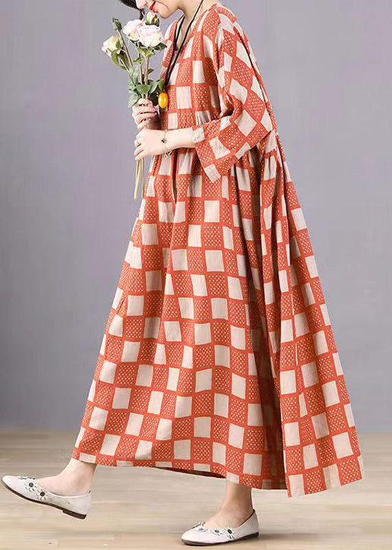 Style Black O-neck Plaid Print Wrinkled Maxi Dresses Bracelet Sleeve