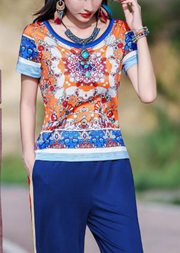 Style Orange O-neck Print T Shirt Short Sleeve