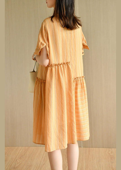 Style Orange Striped Button Asymmetrical Design Ruffled Summer Vacation Dress