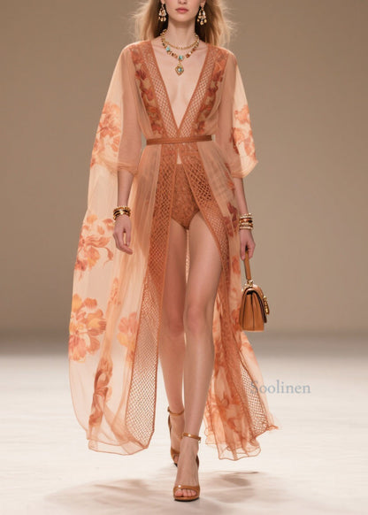 Style Orange V Neck Print Chiffon Sun Protection Cardigans Summer