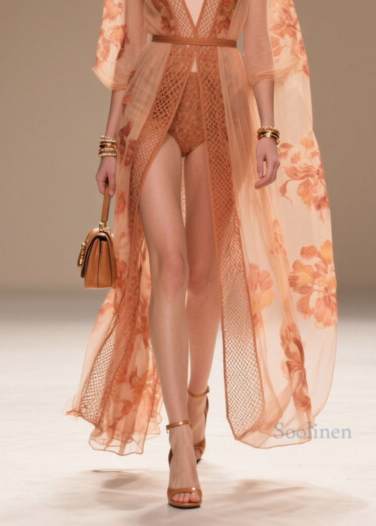 Style Orange V Neck Print Chiffon Sun Protection Cardigans Summer