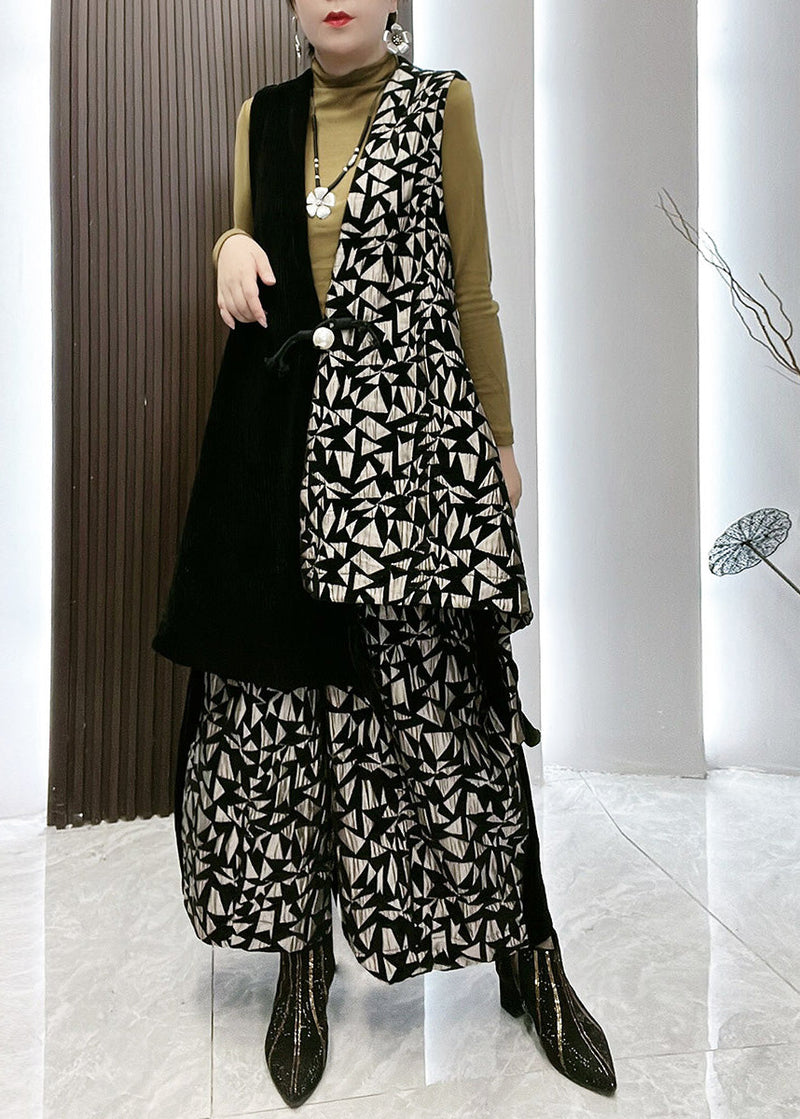 Style Patchwork Print Waistcoat and Wide Leg Pants Two Piece Set Winter