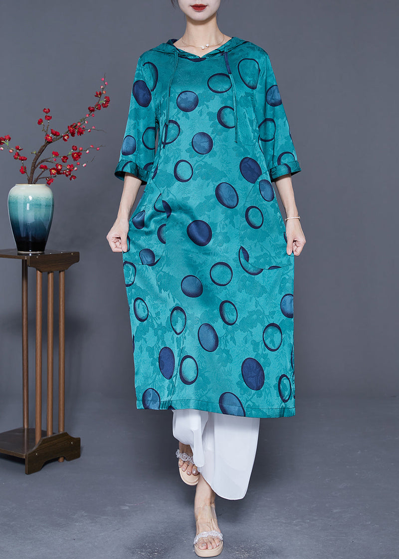 Style Peacock Blue Hooded Print Wear on Both Sides Silk Long Dress Summer