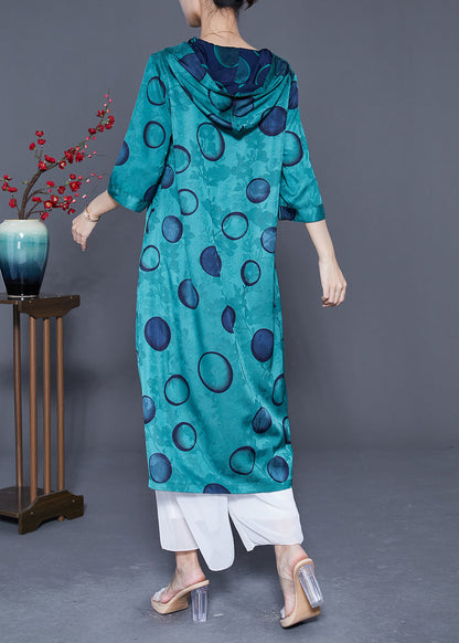 Style Peacock Blue Hooded Print Wear on Both Sides Silk Long Dress Summer