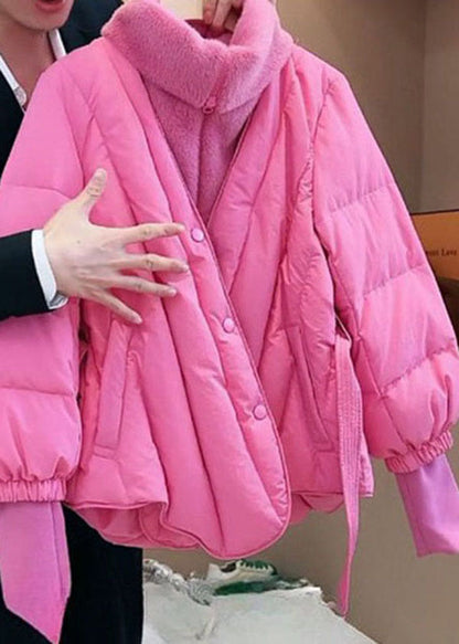 Style Pink Fur Collar Patchwork Fine Cotton Filled Fake Two Piece Jacket in Winter