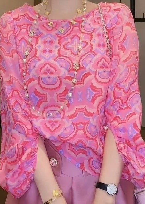 Style Pink O-neck Print Patchwork Chiffon Tops Bracelet Sleeve