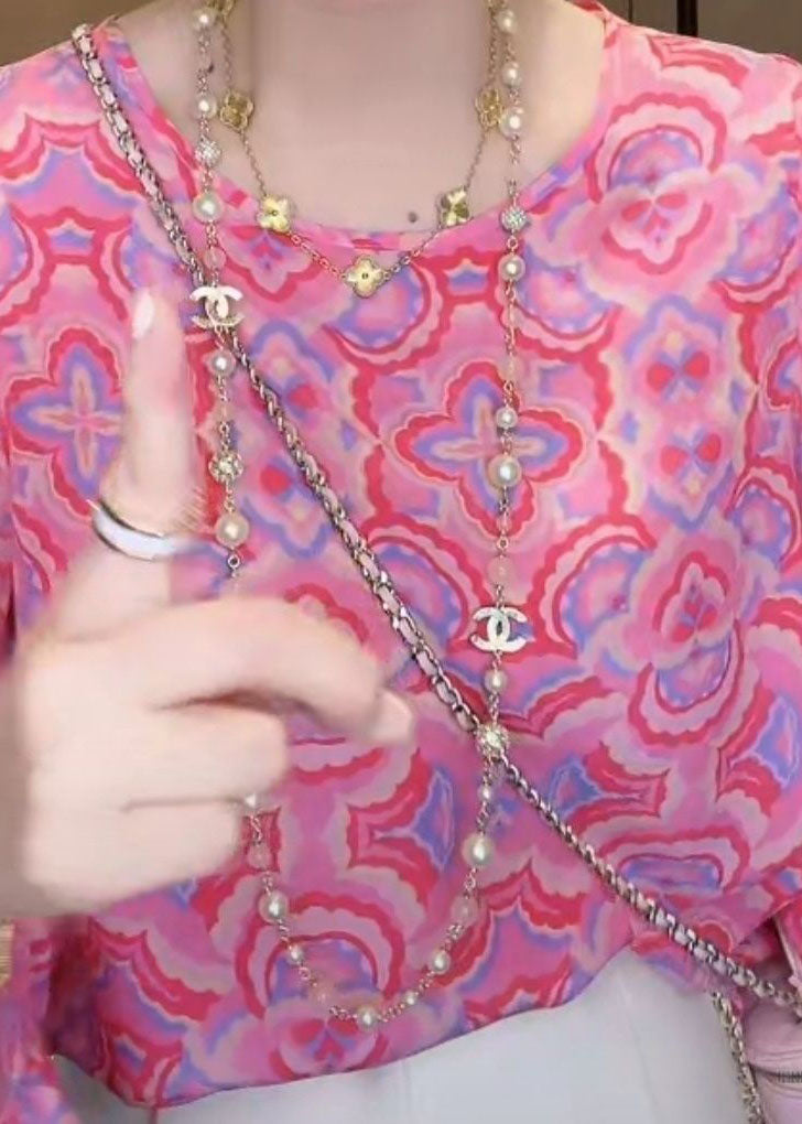 Style Pink O-neck Print Patchwork Chiffon Tops Bracelet Sleeve