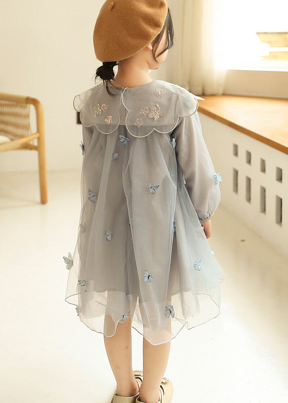 Style Pink Peter Pan Collar Butterfly Patchwork Tulle Baby Dress Fall