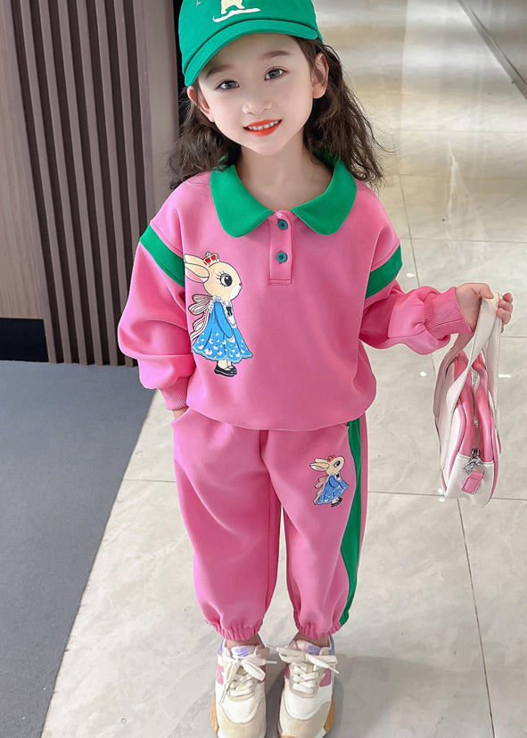 Style Pink Peter Pan Collar Patchwork Animal Kids Top and Pants Two Pieces Set Spring