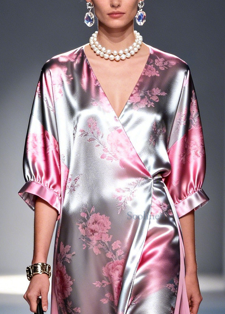 Style Pink Print Patchwork Silk Holiday Dress Summer