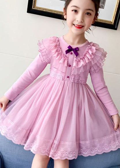 Style Pink Ruffled Lace Patchwork Warm Fleece Kids Dresses Winter