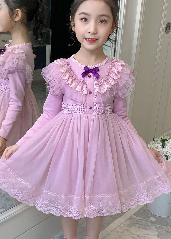 Style Pink Ruffled Lace Patchwork Warm Fleece Kids Dresses Winter