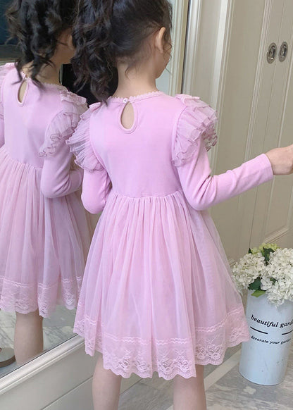Style Pink Ruffled Lace Patchwork Warm Fleece Kids Dresses Winter