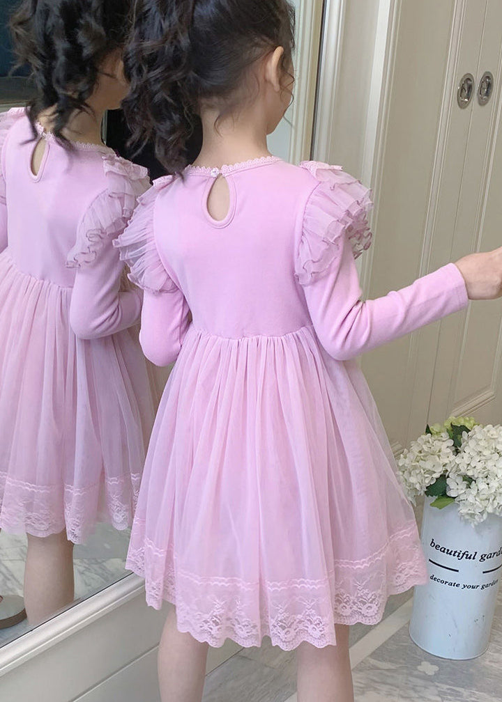 Style Pink Ruffled Lace Patchwork Warm Fleece Kids Dresses Winter