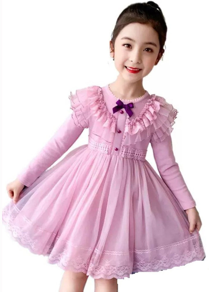 Style Pink Ruffled Lace Patchwork Warm Fleece Kids Dresses Winter