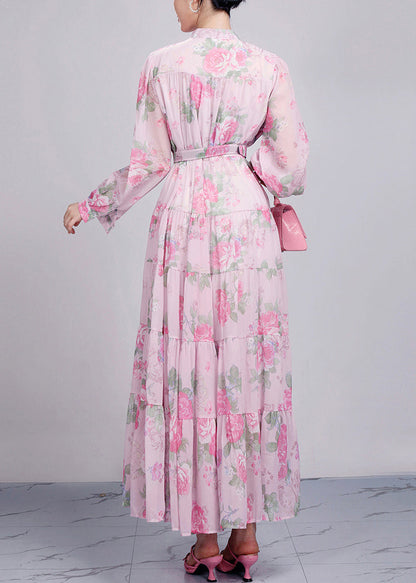 Style Pink Stand Collar Print Cotton Party Dress Long Sleeve