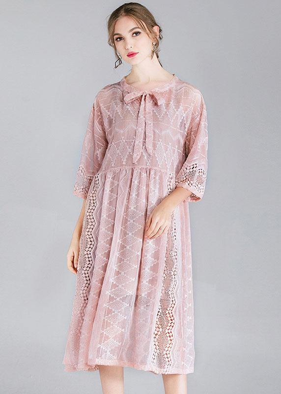 Style Pink Tie Hollow Out Spring Half Sleeve Two Piece Set Clothing