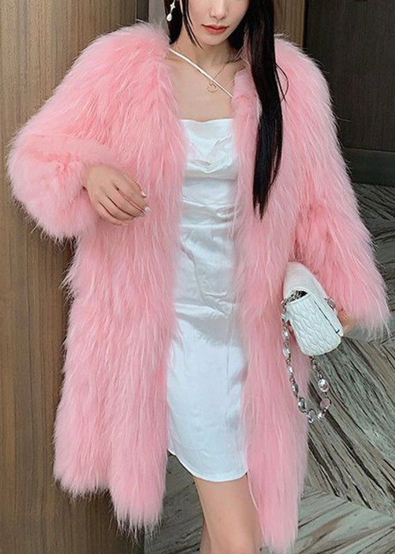 Style Pink V Neck Mink Hair Leather and Fur Long Coats Spring